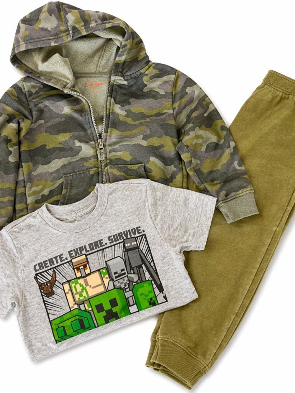 Cat & Jack Boys Outfit Bundle | Camo Hoodie Joggers + Minecraft T-Shirt Set